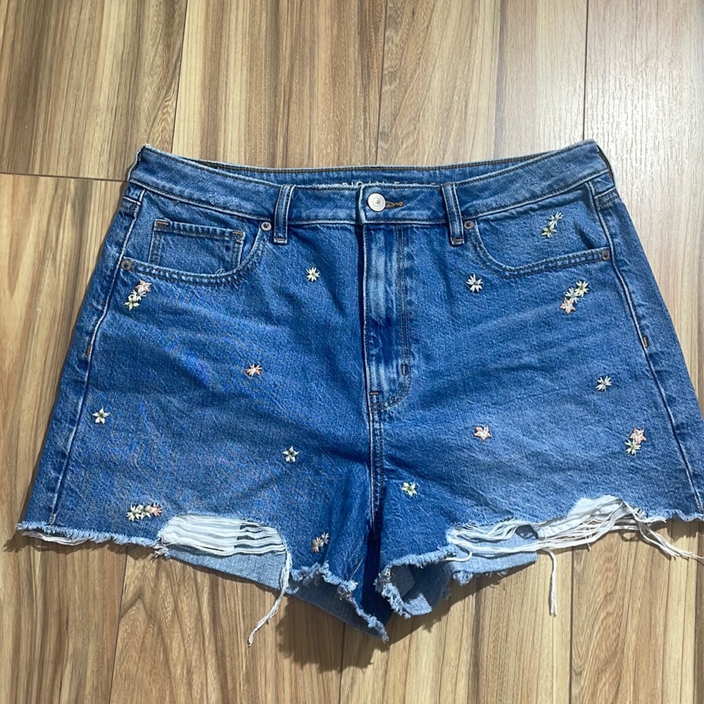 American Eagle Flower Embroidered Mom denim shorts Women’s Sz 14 NEW